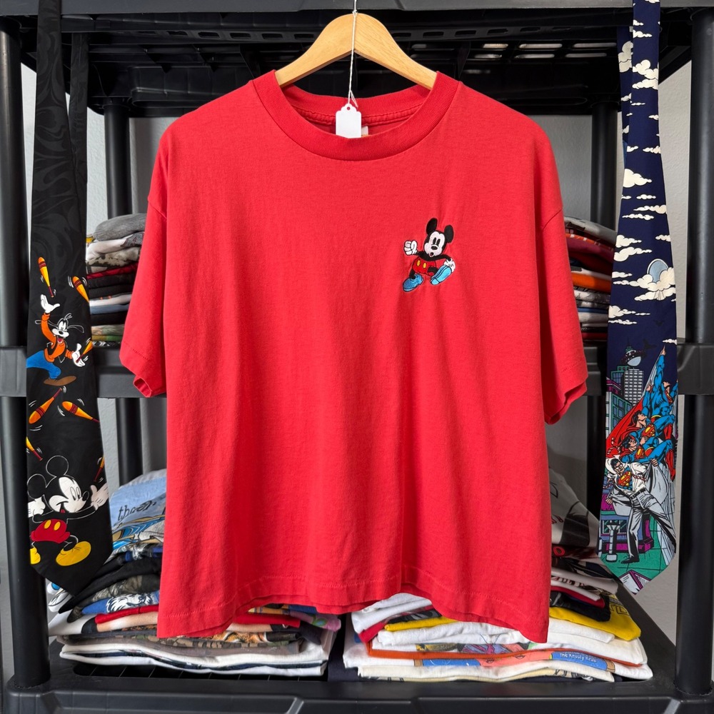 Vintage 90s Red Disney Mickey Mouse Embroidered Graphic Tee Large Crop Top